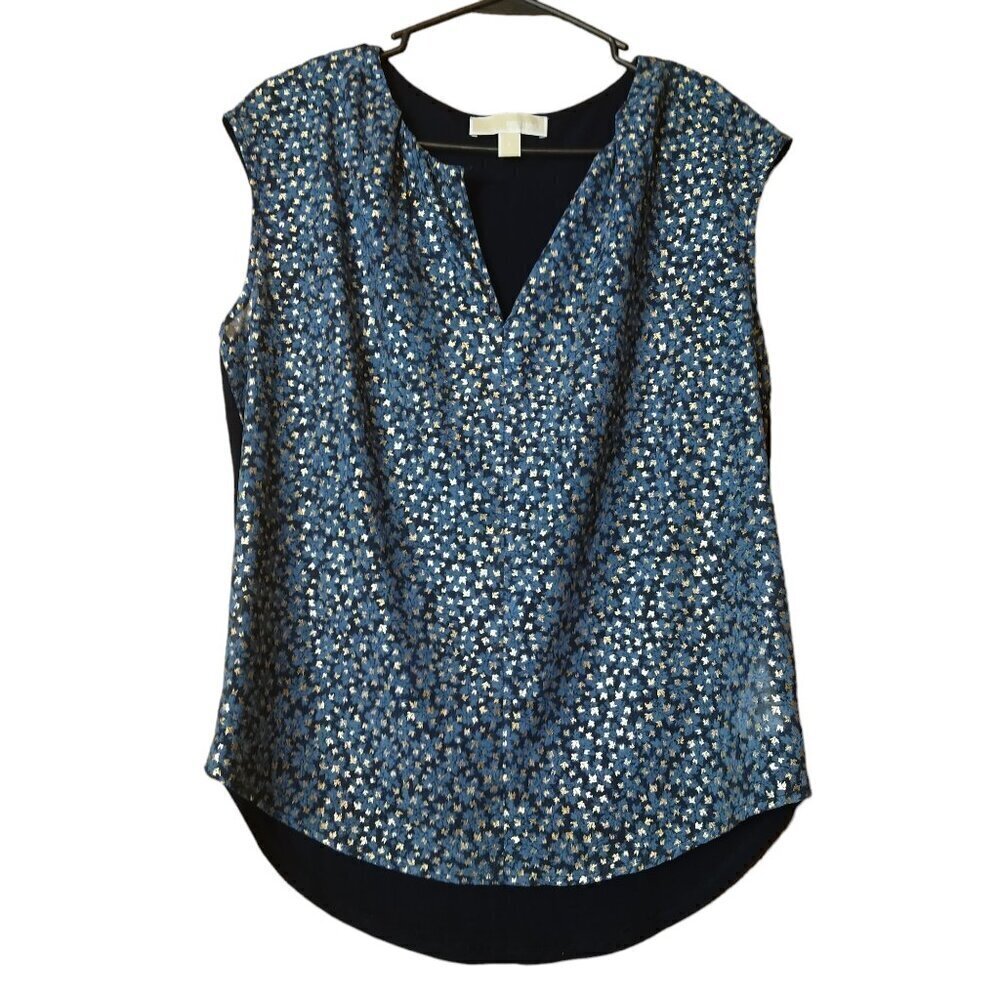 Michael Michael Kors Size Small Blue Sleeveless Gold Leaf Pattern Front Blouse